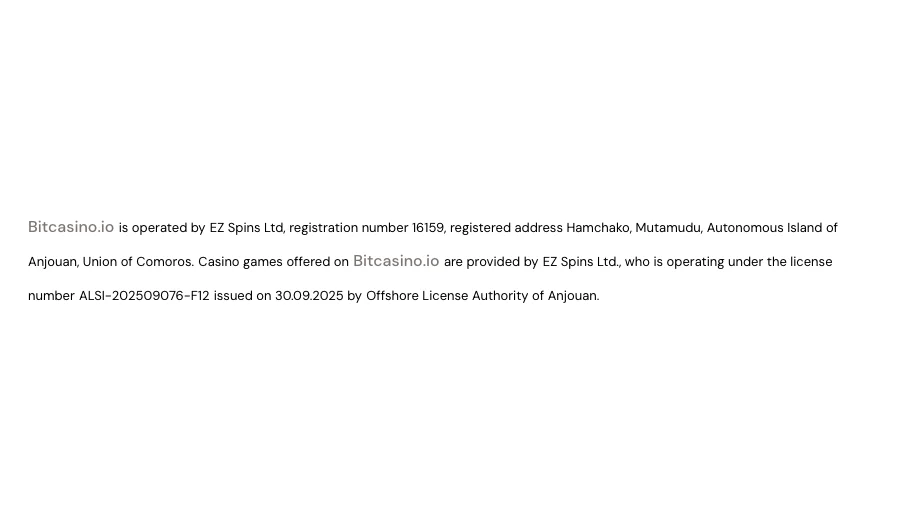 Bitcasino footer: games provided by EZ Spins Ltd